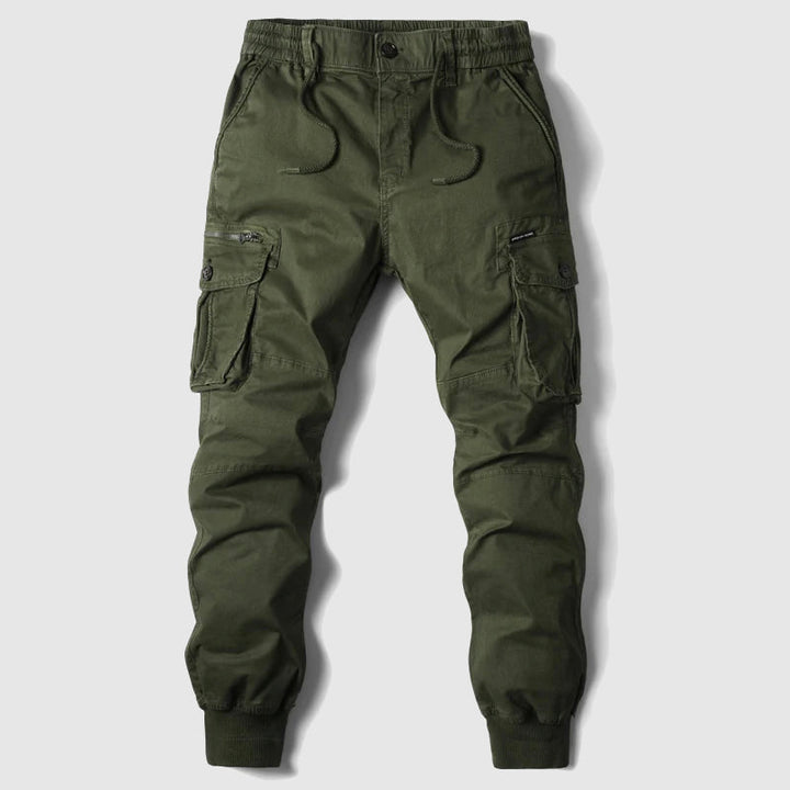 Versatile men's black jogger pants with cargo pockets, ideal for any activity.