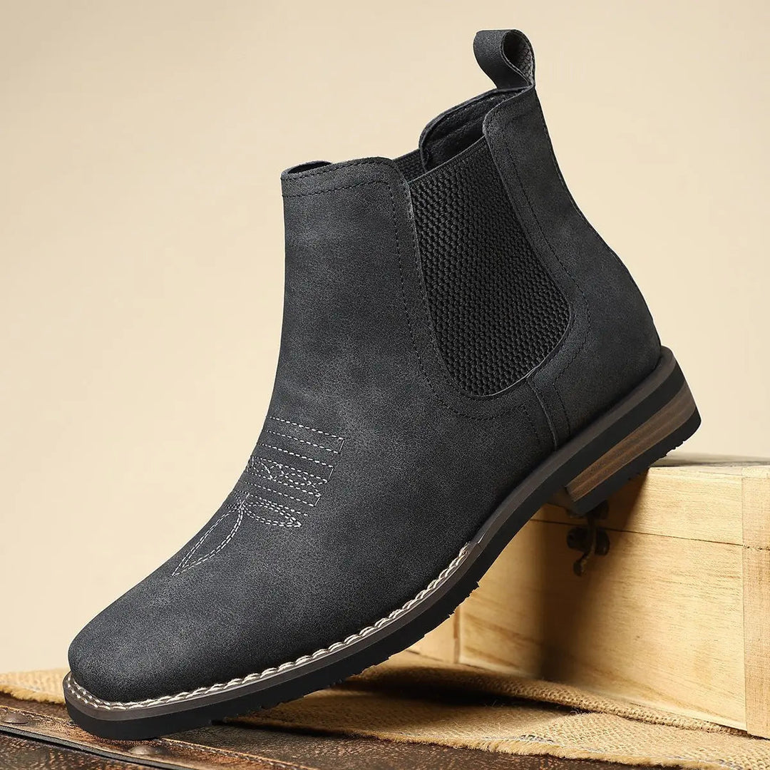 Everyday wear men's Chelsea boots, black, with unique western stitch detail and comfortable block heel.
