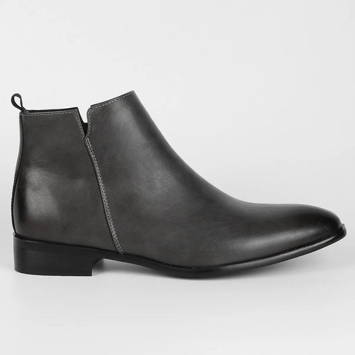 Durable non-slip sole of men's gray retro ankle boots, comfortable for casual and formal wear.