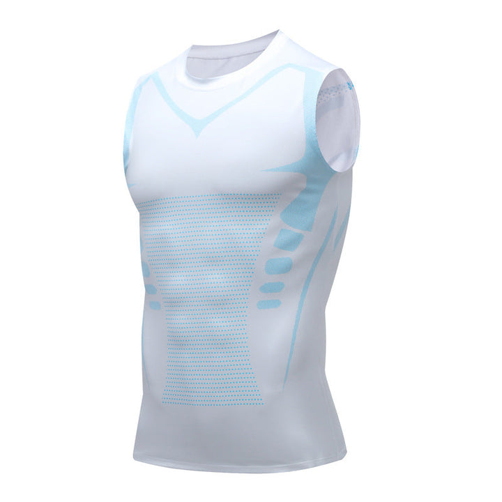 Active men's compression tank top showing supportive fit for gym or running, breathable material.