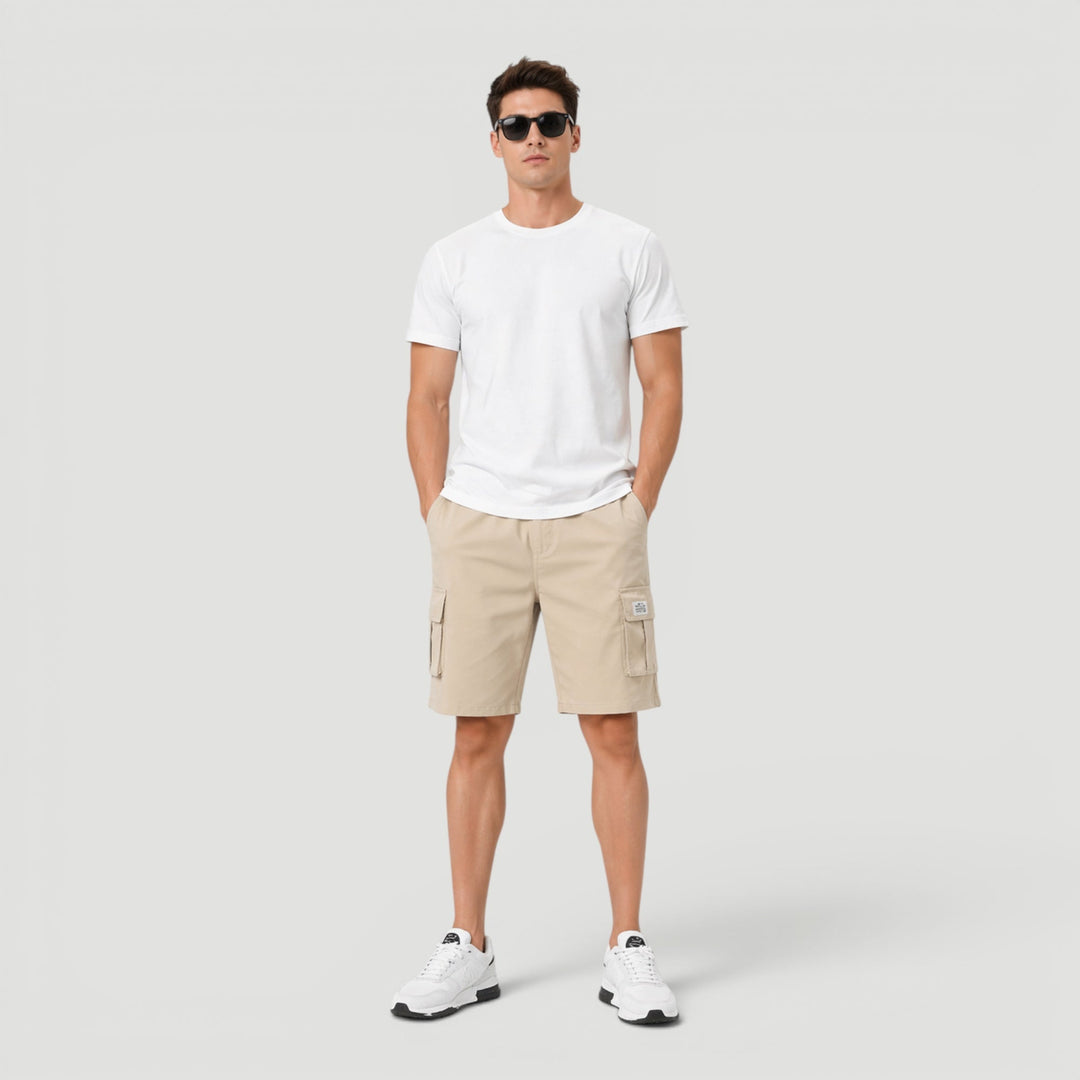Men's black drawstring cargo shorts with a comfortable, relaxed fit, multi-pockets, perfect for casual summer wear.