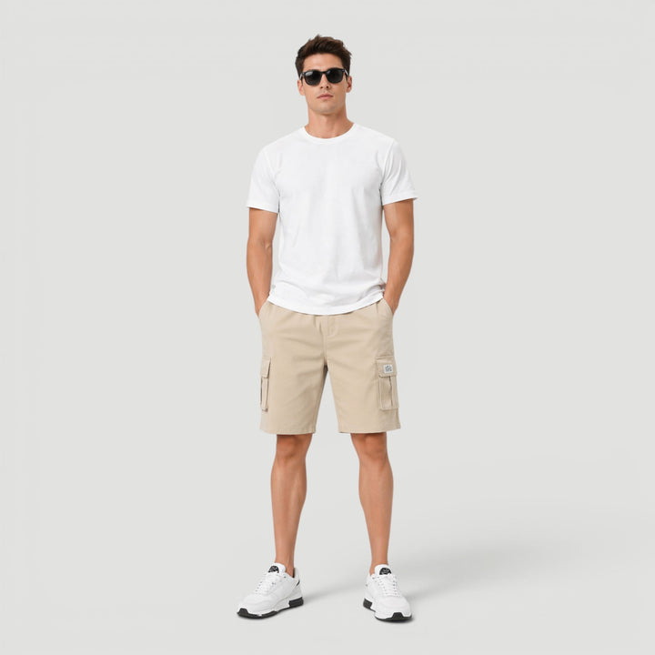 Men's black drawstring cargo shorts with a comfortable, relaxed fit, multi-pockets, perfect for casual summer wear.