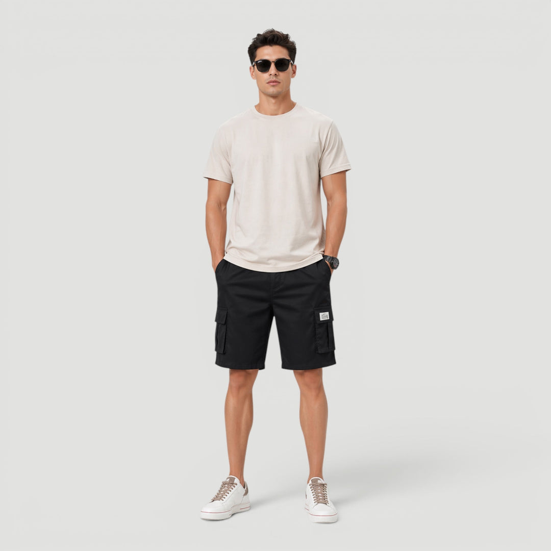 Stylish men's utility cargo shorts with adjustable drawstring waist, multiple pockets, ideal for daily casual wear.