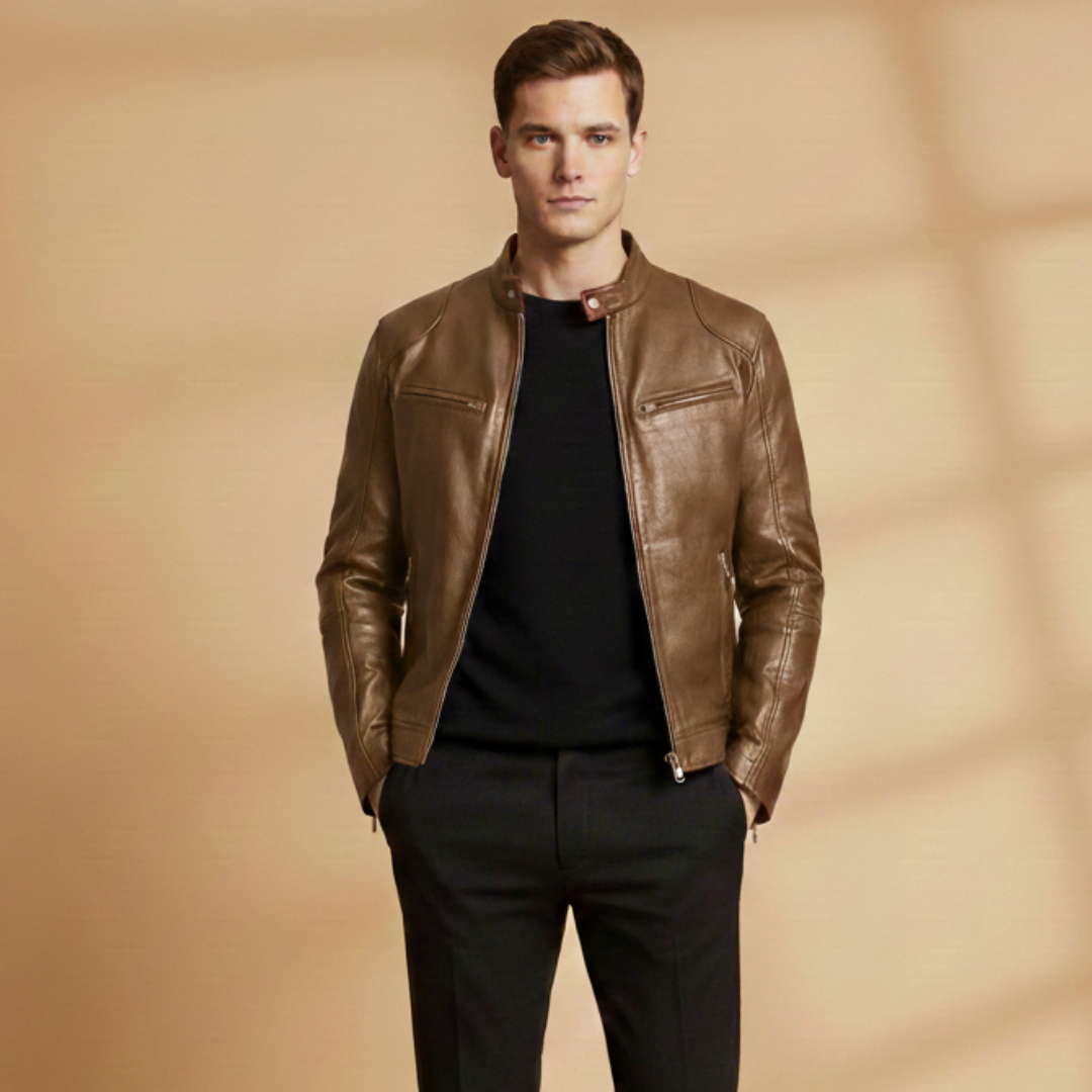 Men's stylish outerwear: a modern front zipper jacket with practical adjustable cuffs.