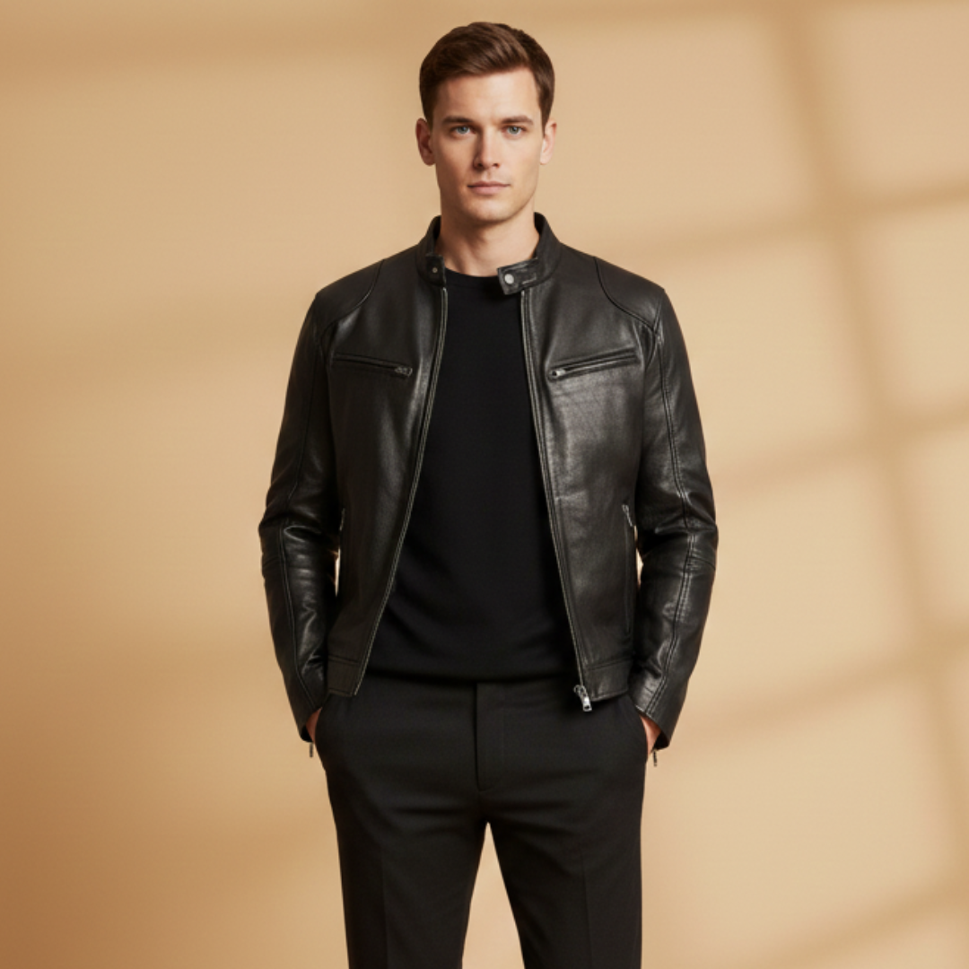 Close-up of adjustable cuff detail on a men's casual zipper jacket.