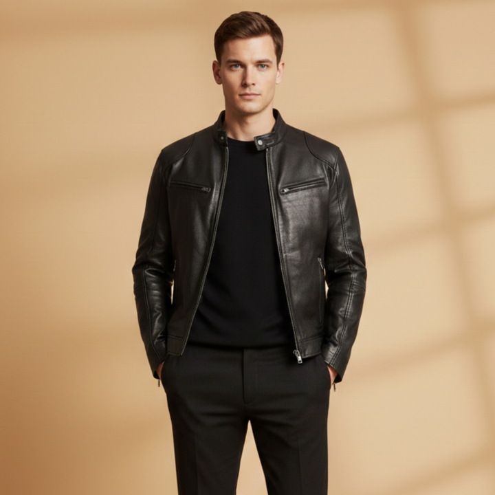 Close-up of adjustable cuff detail on a men's casual zipper jacket.