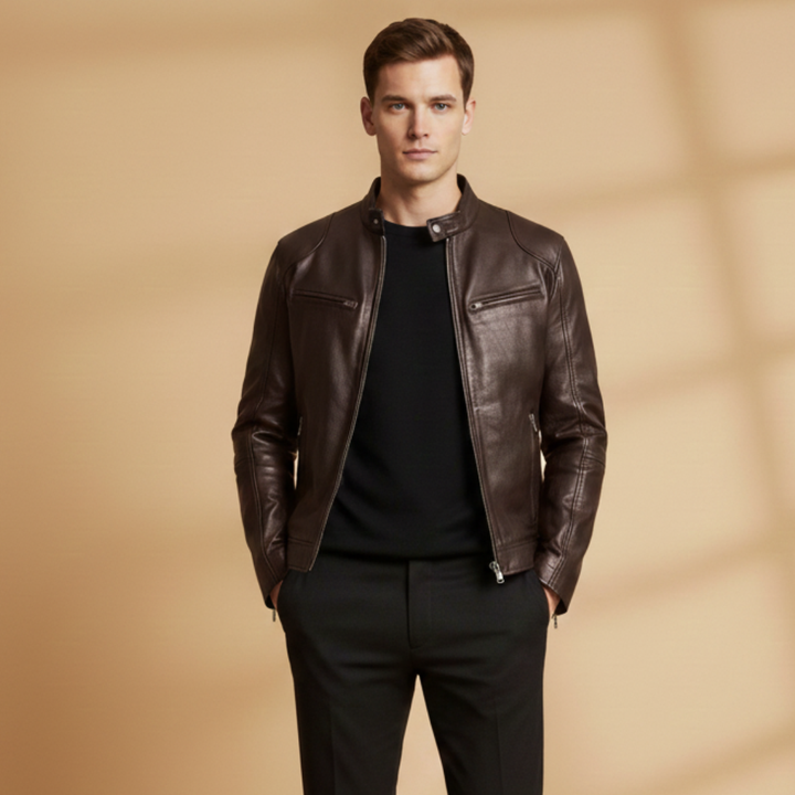 Model wearing a men's front zipper jacket, showcasing its casual and versatile style.