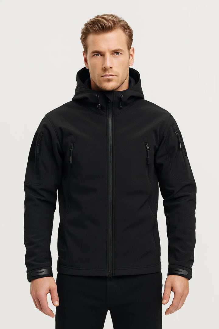 Men's black functional hooded jacket for versatile outdoor & everyday wear. Lightweight, sporty, & outdoor-ready.