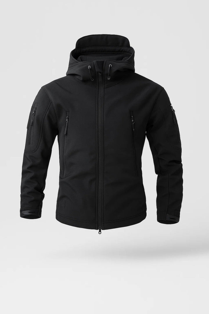 Lightweight men's zip-front hooded jacket in black. Perfect for casual wear, everyday style & functional outdoor use.