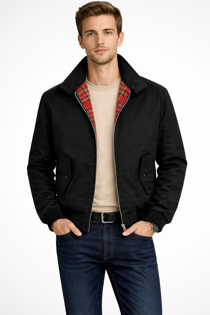 Men's black Harrington jacket with iconic tartan lining, classic zip-up style.