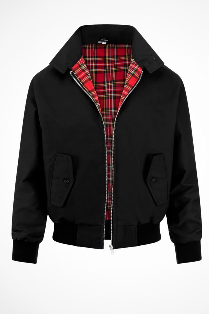 Classic zip-up Harrington jacket for men, featuring a stylish tartan lining and structured fit.