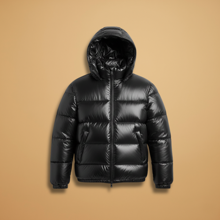 Men's black hooded quilted padded jacket for casual everyday wear.