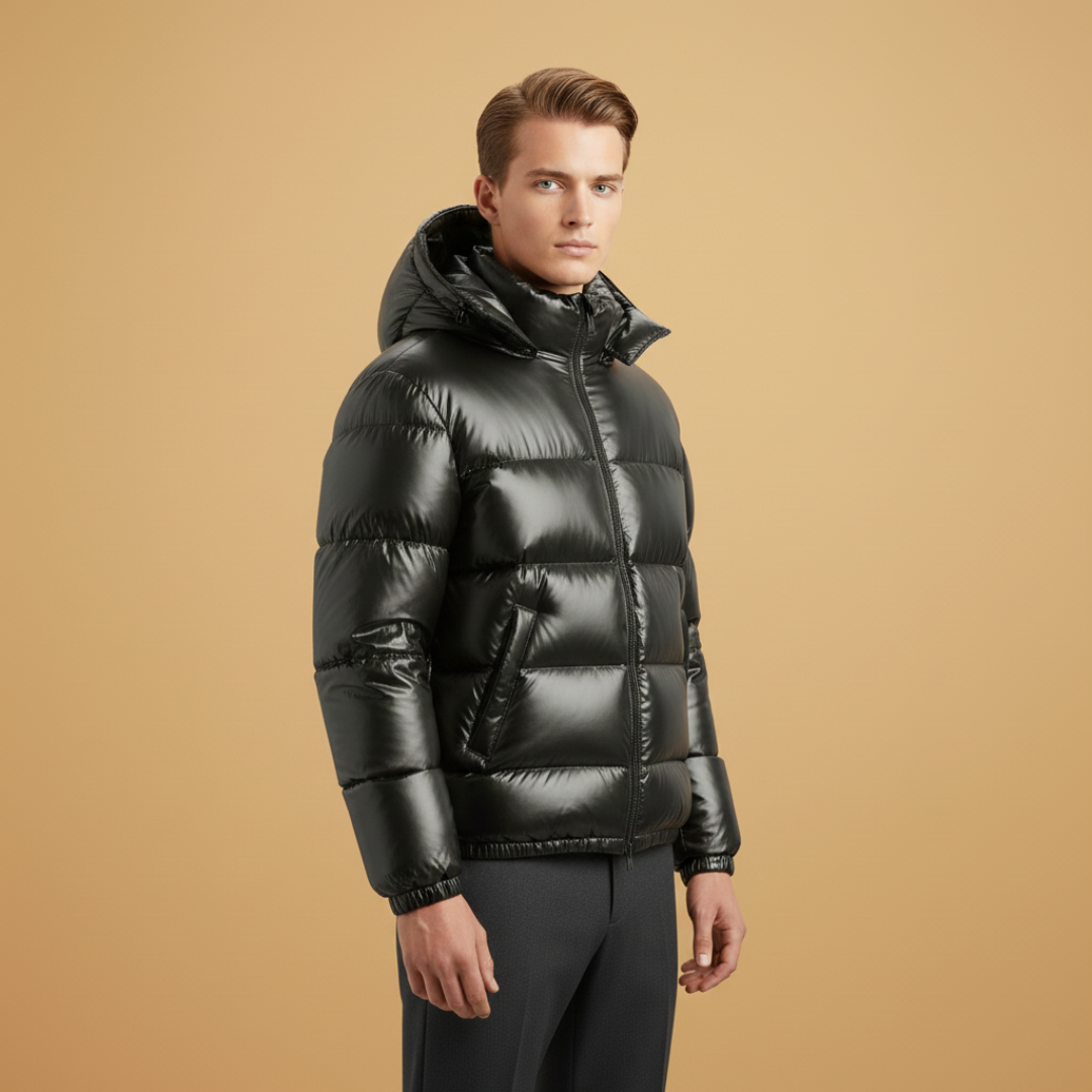 Stylish black padded jacket with hood, perfect for outdoor activities.