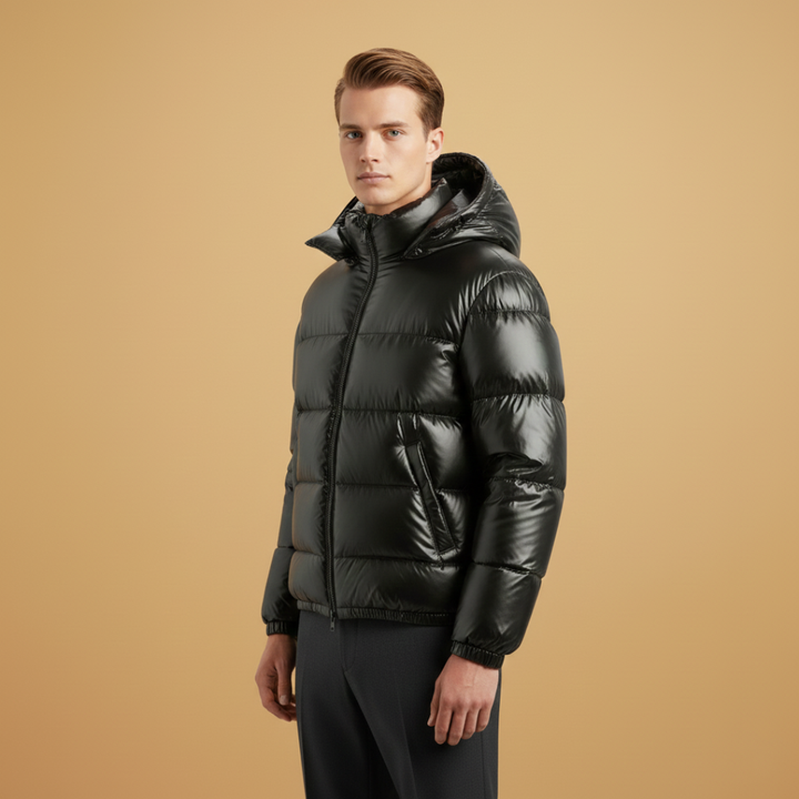 Durable mens jacket with quilting and hood, ideal for cold weather.