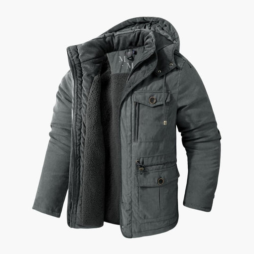 Men's black hooded winter jacket for everyday warmth. Casual zippered outerwear with practical multi-pockets.