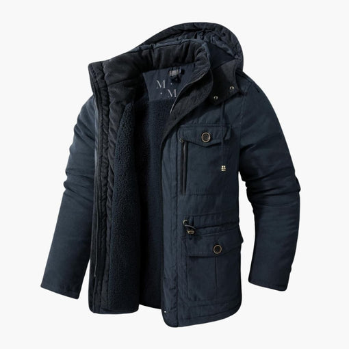 Warm men's hooded winter jacket, perfect for daily wear. Practical, multi-pocket design ideal for layering.