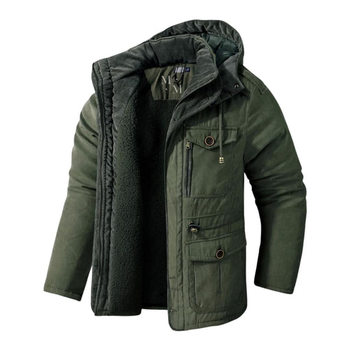 New men's hooded winter jacket. Durable, warm outerwear for cold weather, featuring a practical zipper & pockets.