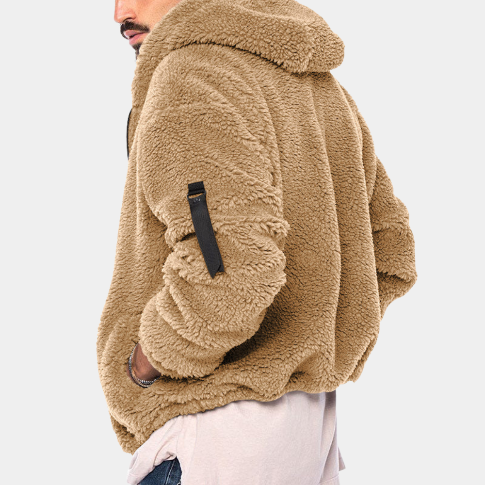 Stylish men's winter jacket with a cozy hood, designed for comfort & warmth in cold weather fashion.