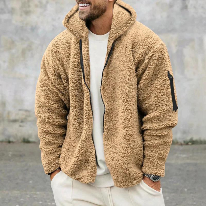 Versatile men's winter jacket with a protective hood, perfect for layering & cold weather fashion.
