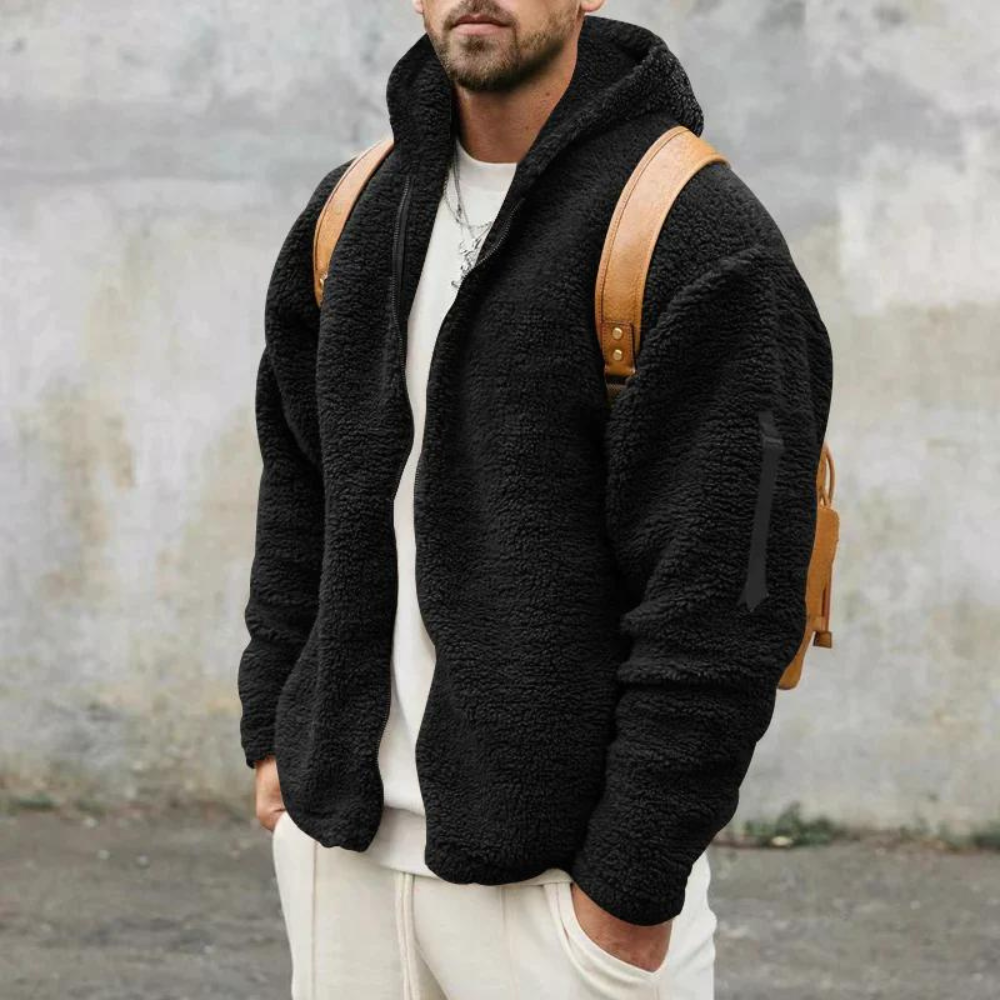 Front view of a men's zip-up hooded winter jacket, combining style & warmth for everyday cold wear.