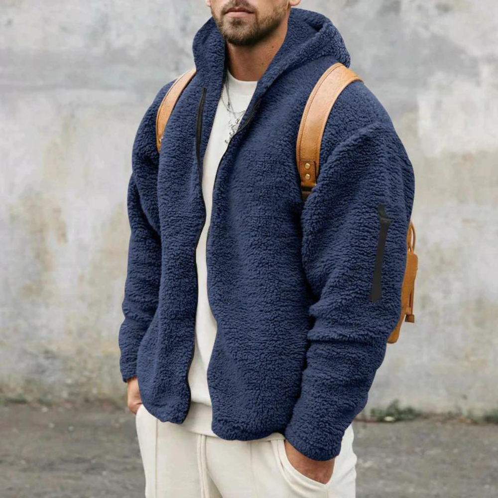 Men's fashion-forward hooded winter jacket, ensuring coziness & protection against harsh winter elements.