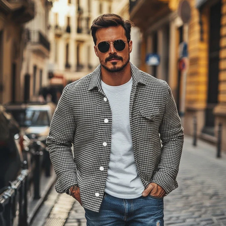 Men's black houndstooth shacket, a stylish button-down casual jacket, perfect for layering and versatile fashion.