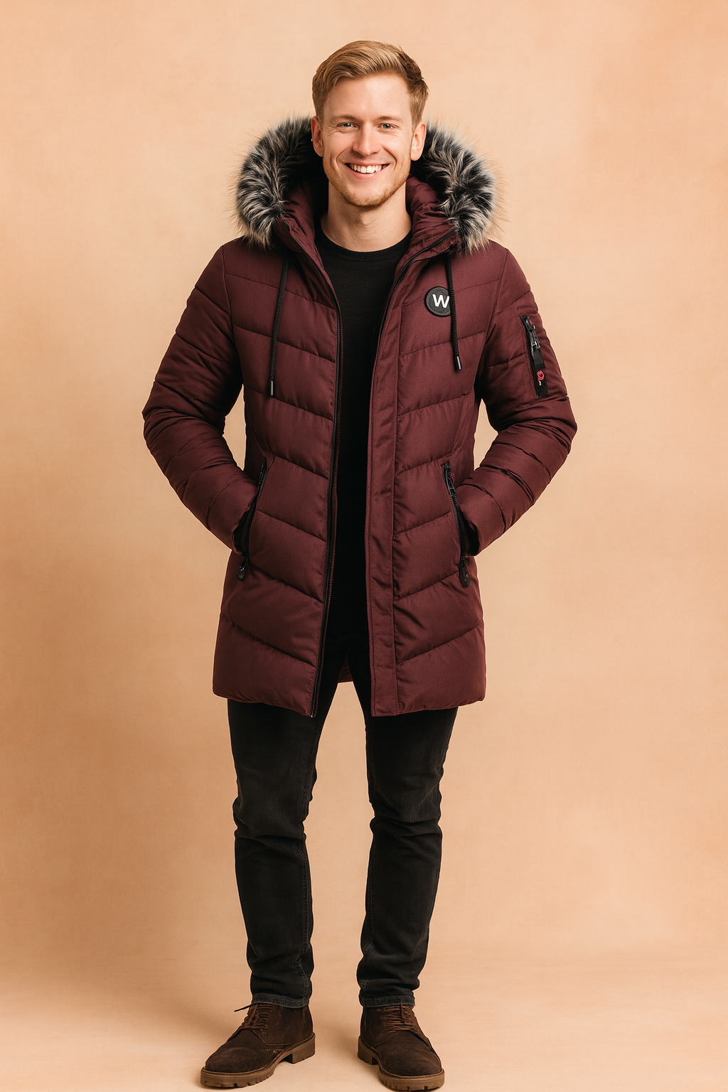 Men's black insulated winter parka jacket with a fur-lined hood, perfect for cold weather outerwear.