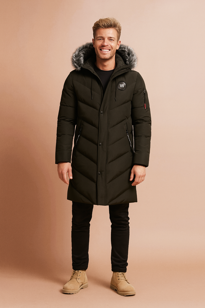 Stylish men's waterproof winter parka jacket, insulated for extreme cold, featuring a cozy adjustable hood.