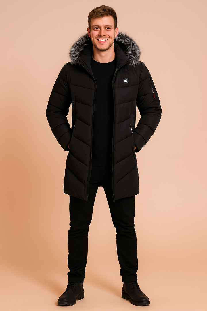 Casual men's warm winter parka jacket with a detachable hood, ideal for everyday cold weather fashion.