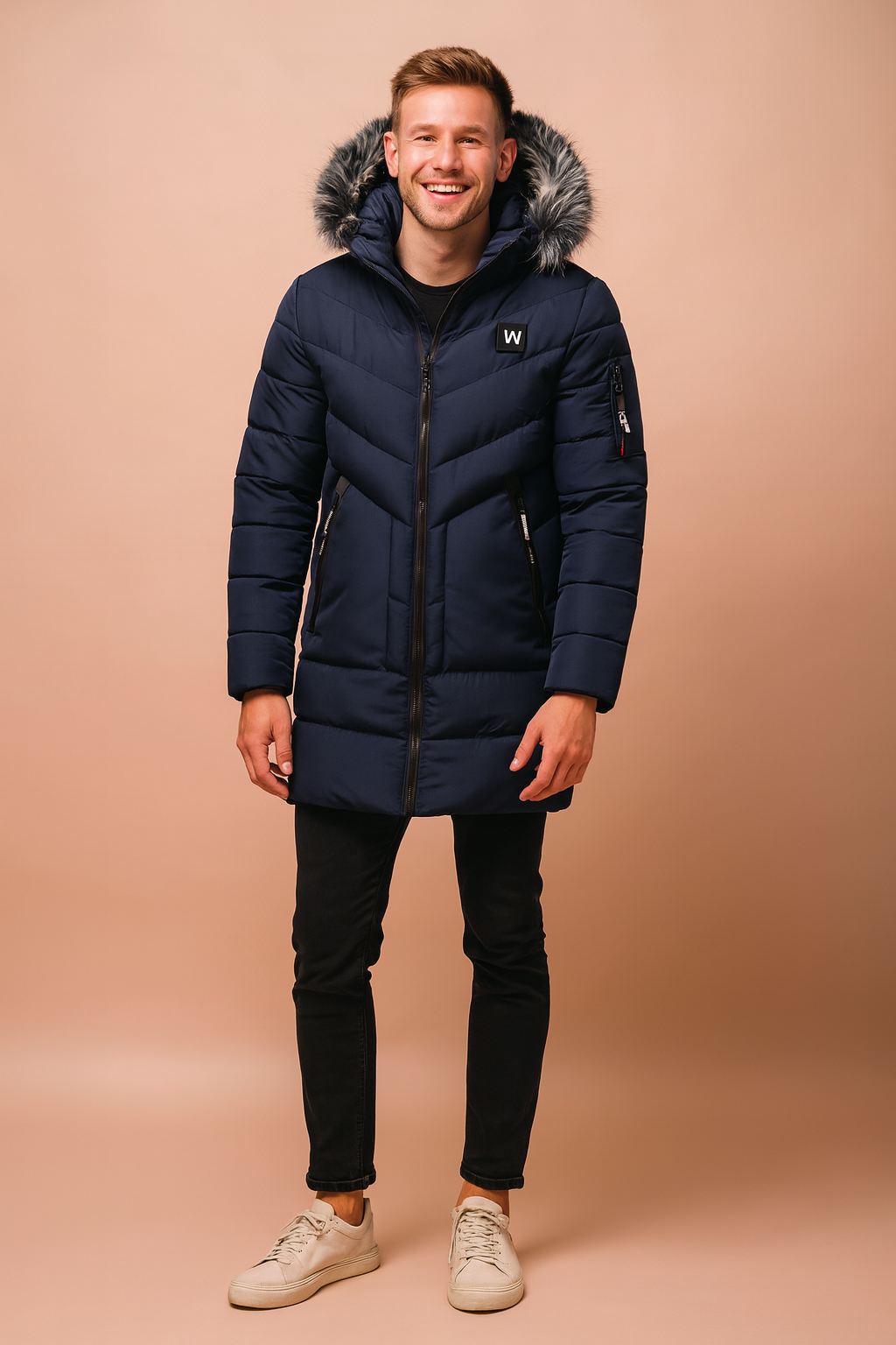 Durable men's insulated hooded parka jacket for winter, offering weatherproof protection and warmth.