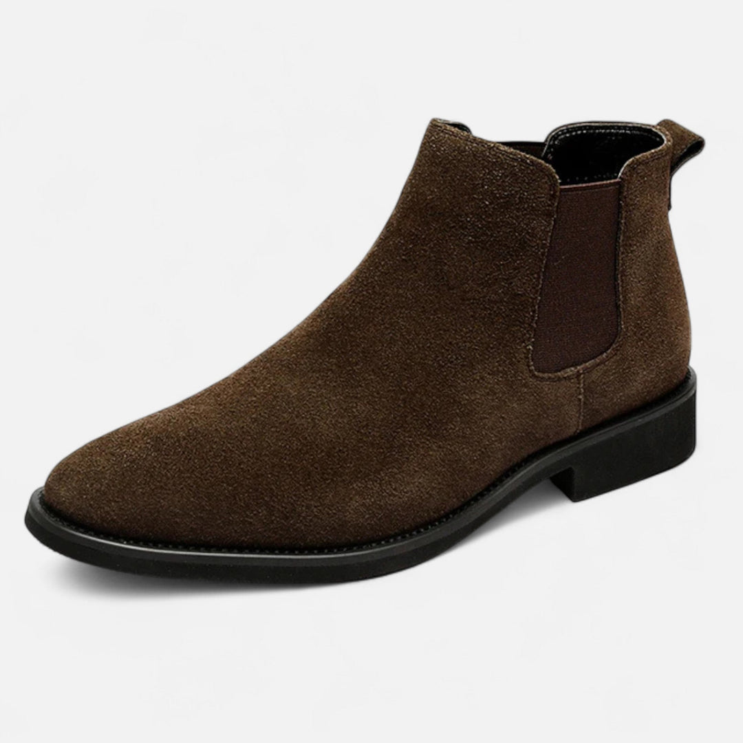Men's black leather Chelsea elevator boots for height increase and smart casual style.