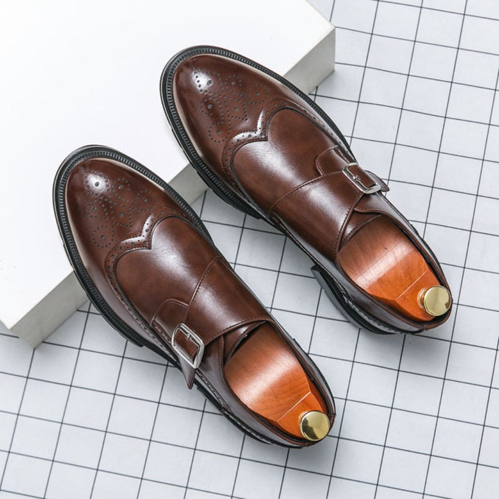 Versatile men's leather brogue shoes with adjustable monk strap for formal occasions.