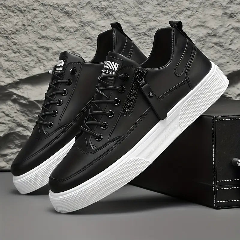 Men's black leather side zip trainers for smart casual style.