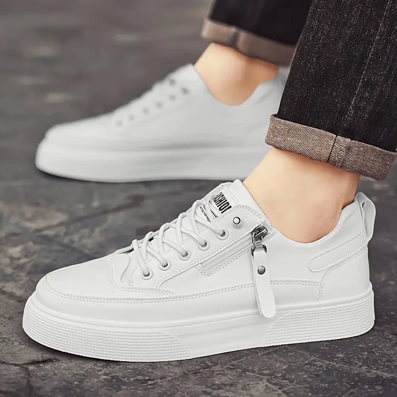 Black leather side zip trainers, perfect for men's travel.
