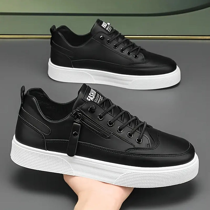 Men's white leather sneakers with convenient side zip.