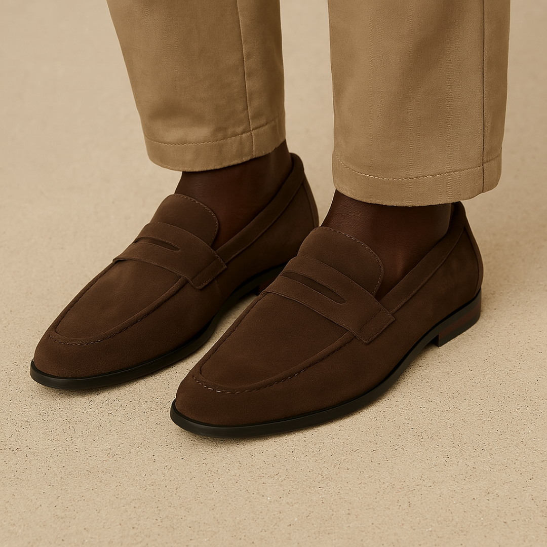 Close-up of men's brown suede penny loafers, showcasing stitching and easy slip-on design.