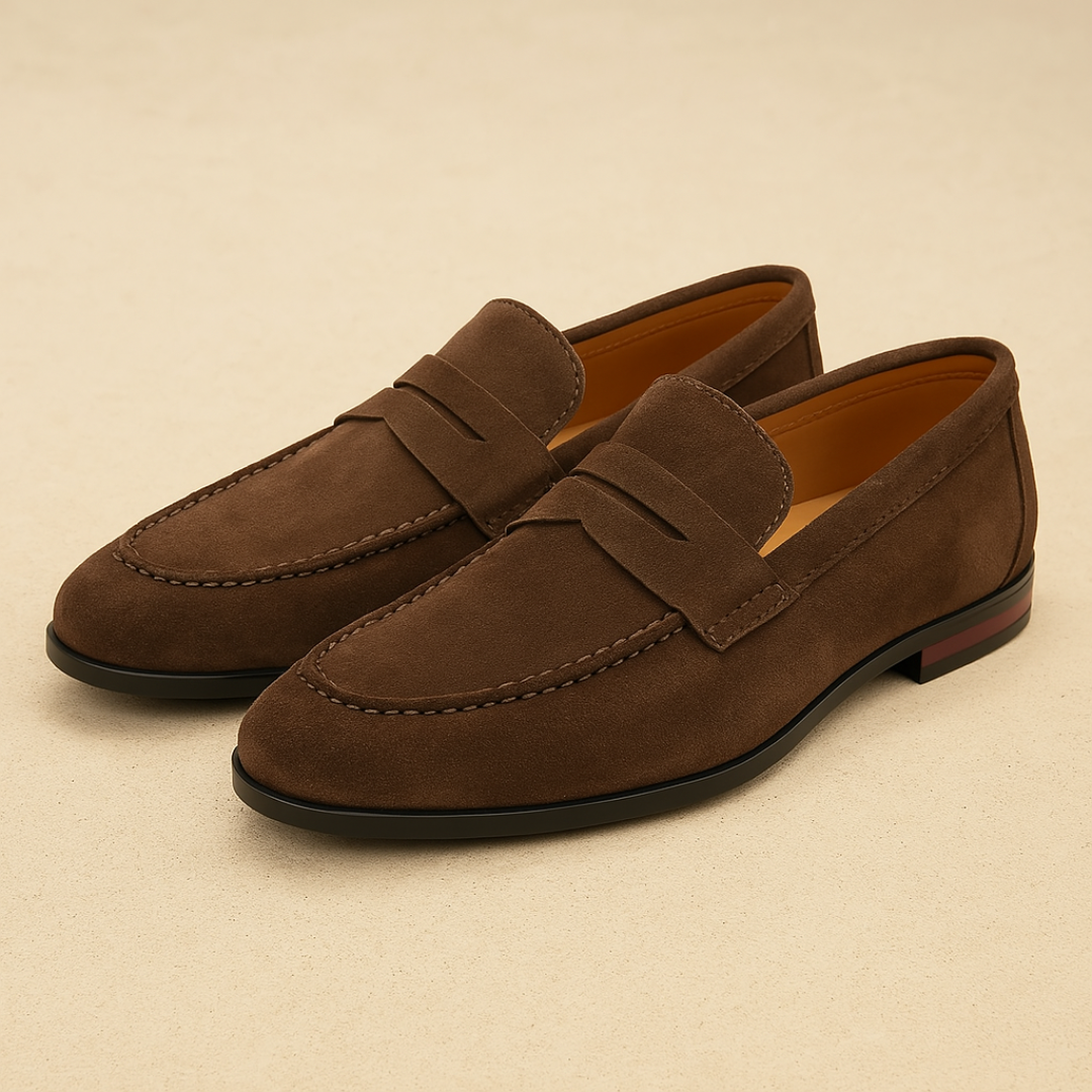 Stylish men's navy blue loafers, featuring a classic penny loafer silhouette for office or casual outings.