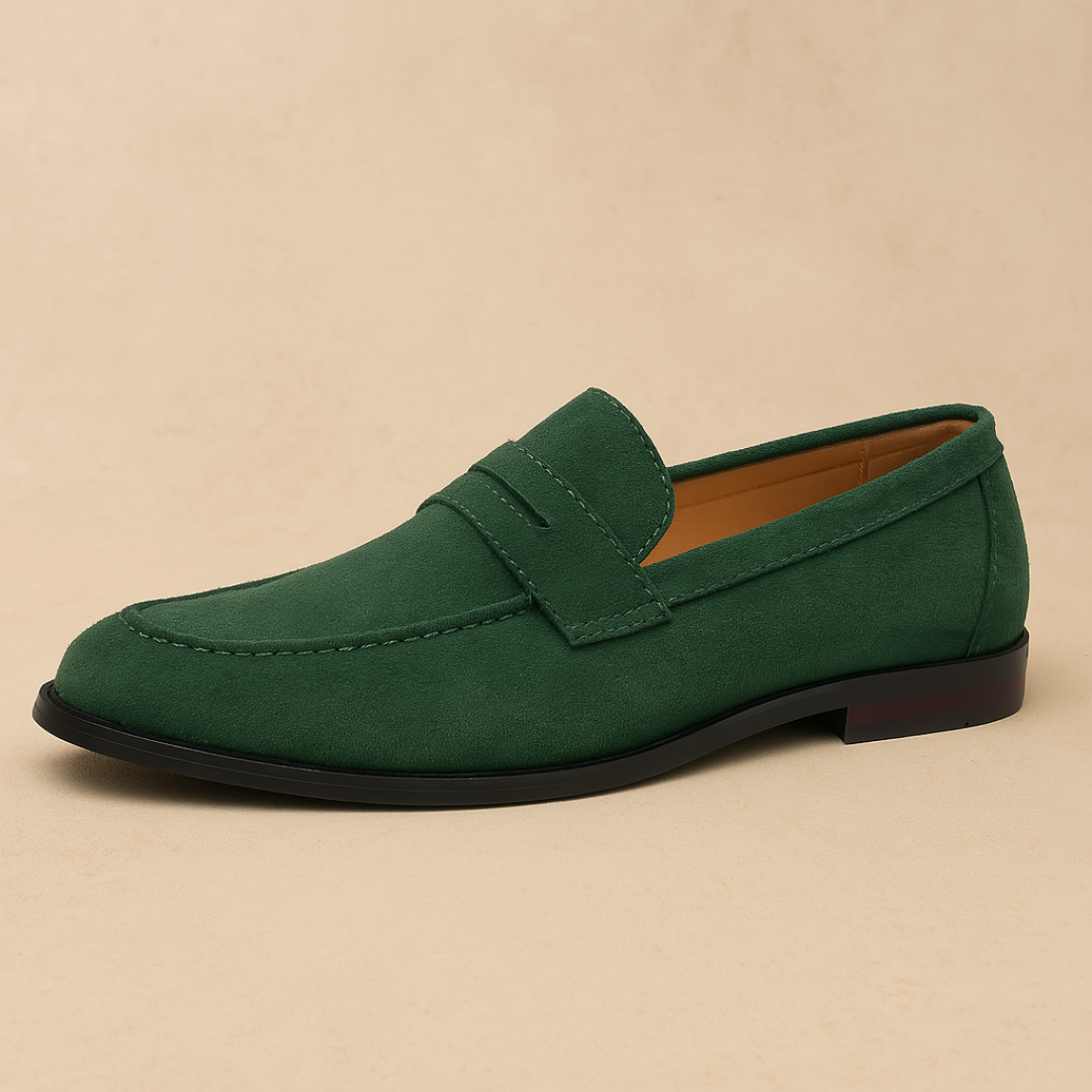 A pair of men's black patent leather penny loafers, offering a sleek and sophisticated formal footwear option.