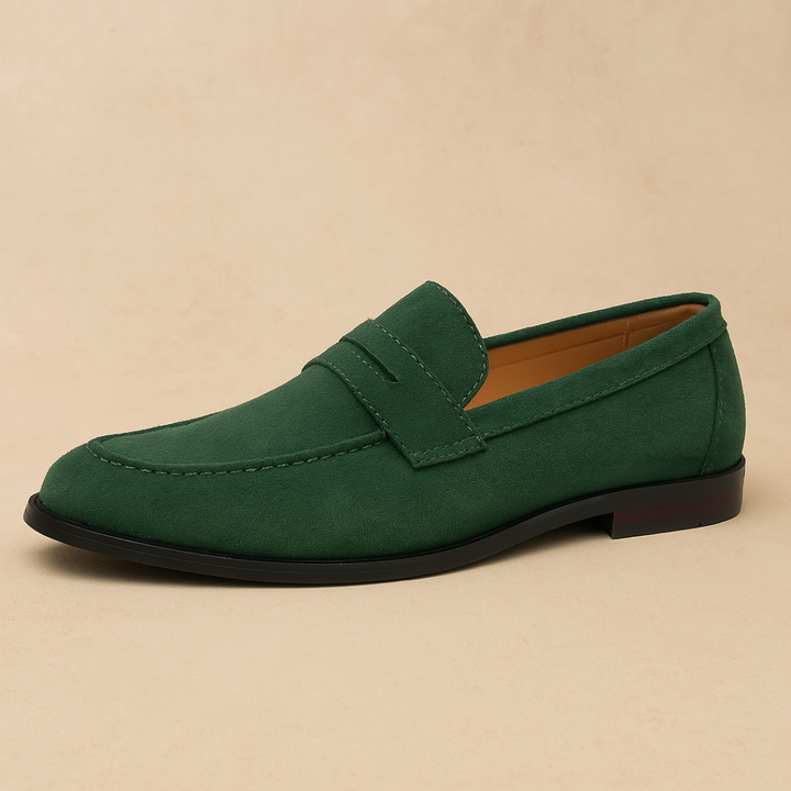 A pair of men's black patent leather penny loafers, offering a sleek and sophisticated formal footwear option.