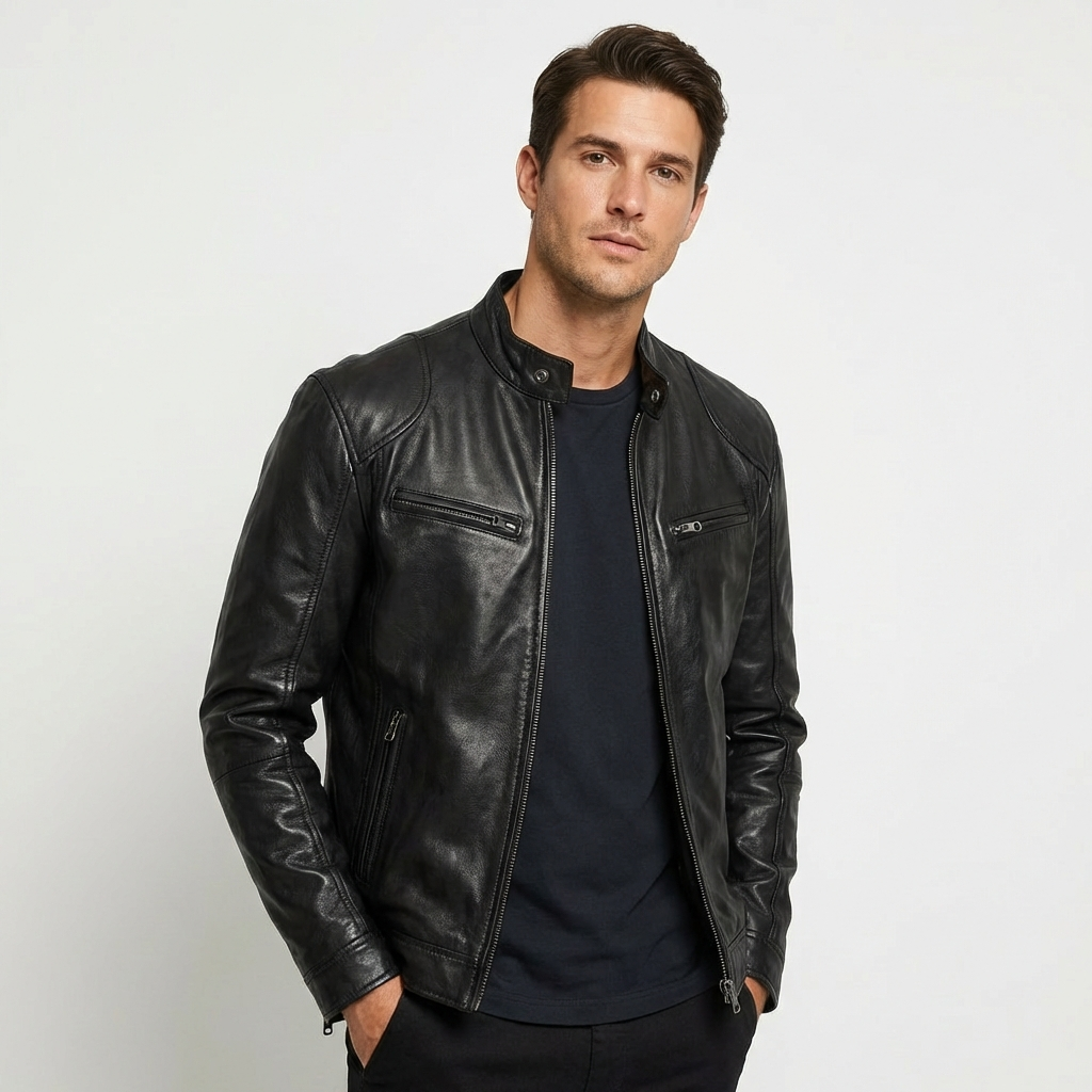 Men's black leather zip front jacket for smart-casual wear.