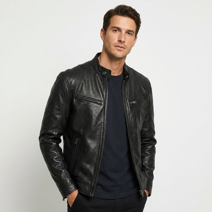 Men's black leather zip front jacket for smart-casual wear.