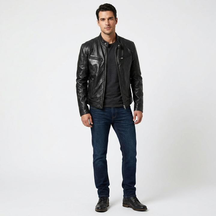 Stylish men's leather jacket with a full zip closure for everyday.