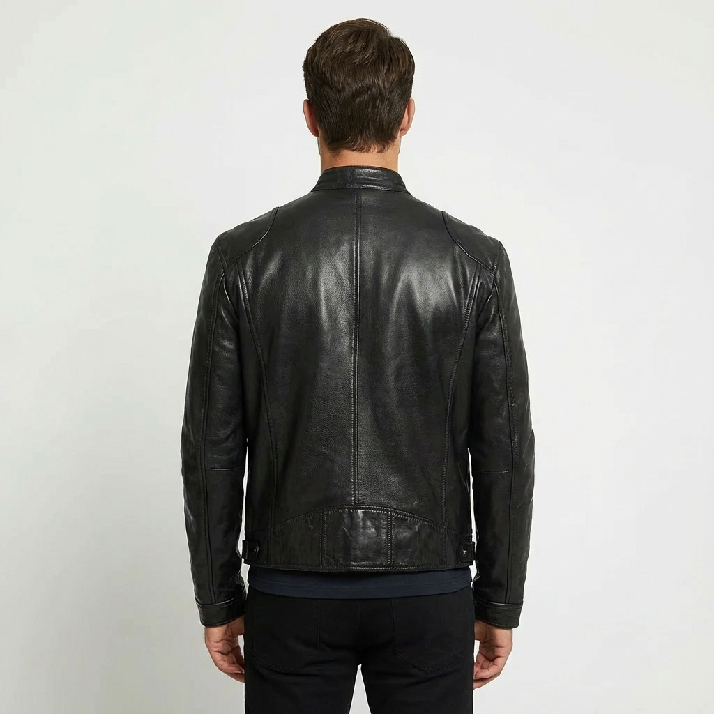 Versatile menswear outerwear: zip front leather jacket in fall fashion.