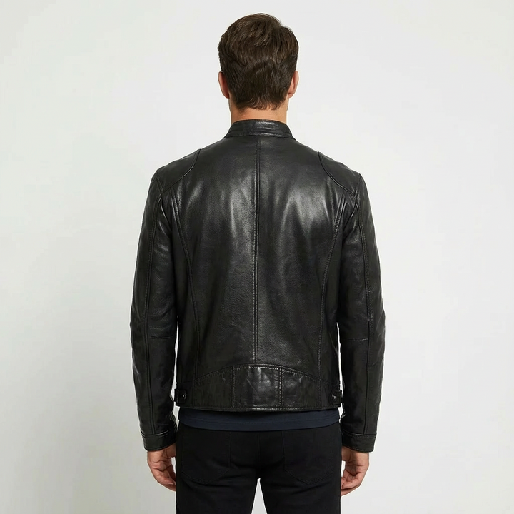 Versatile menswear outerwear: zip front leather jacket in fall fashion.