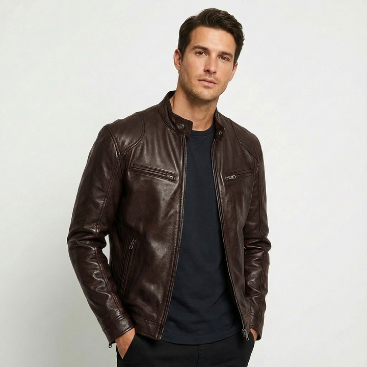 Cool men's zip-up leather jacket, perfect for winter style.