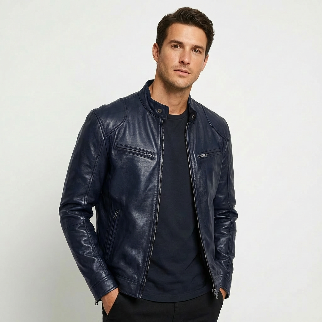 Durable men's leather outerwear, featuring a sleek zip front design.