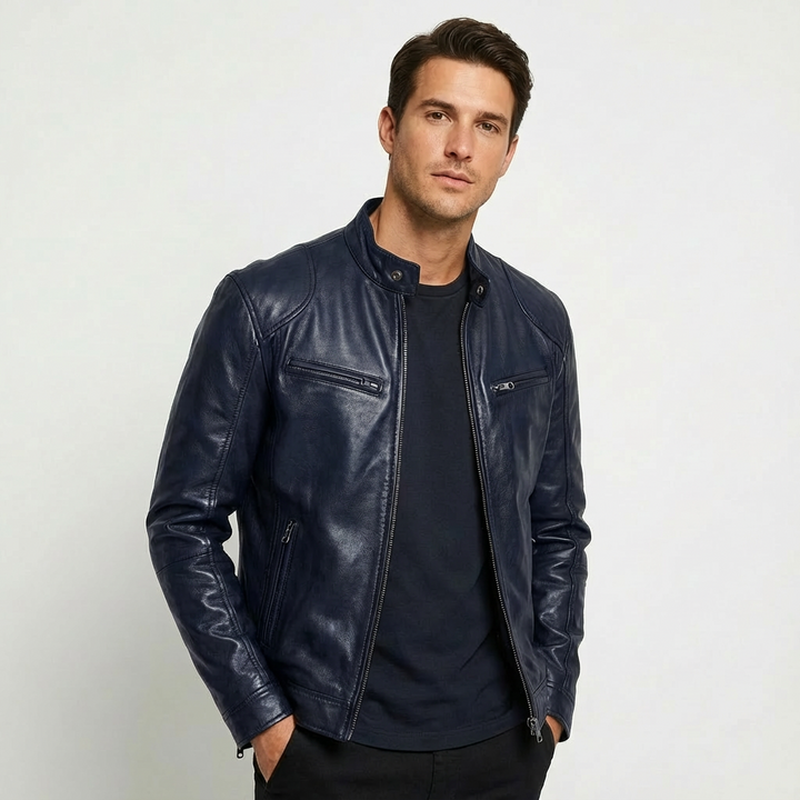 Durable men's leather outerwear, featuring a sleek zip front design.