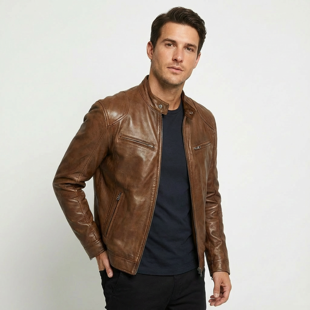 Essential men's everyday wear: a comfortable zip front leather jacket.