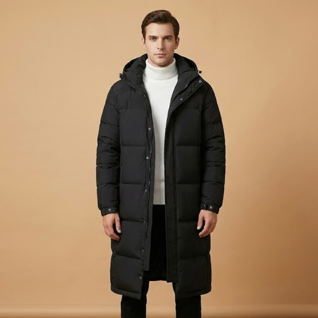 Stylish men's quilted winter coat featuring a protective hood, double closure, and practical hip pockets.