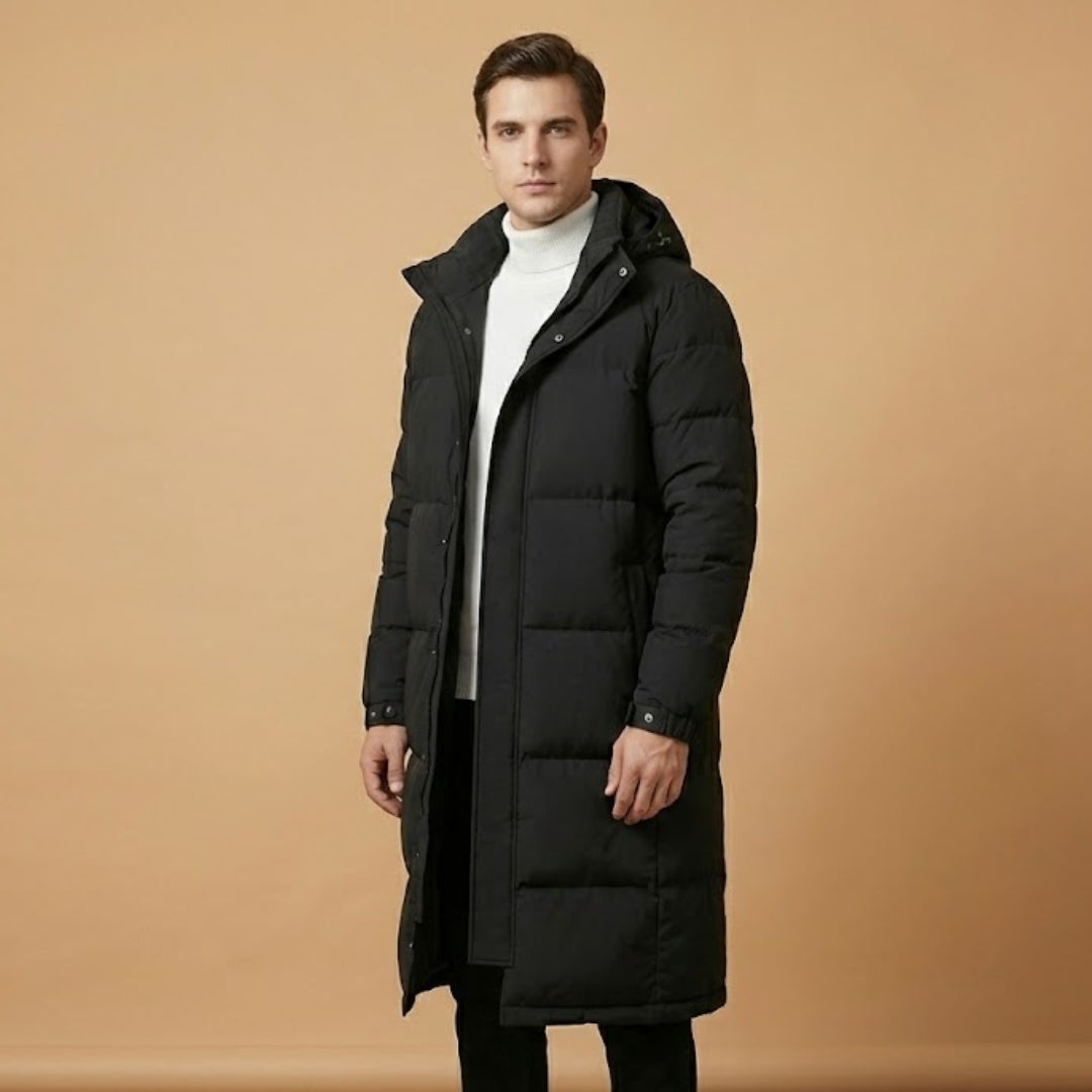 Men's warm hooded long winter jacket, ideal outerwear for extreme cold. Features elegant quilting and hip pockets.